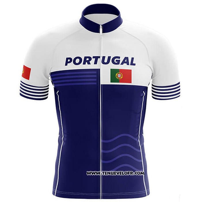 2020 Maillot Ciclismo Champion Portugal Blanc Bleu Manches Courtes et Cuissard
